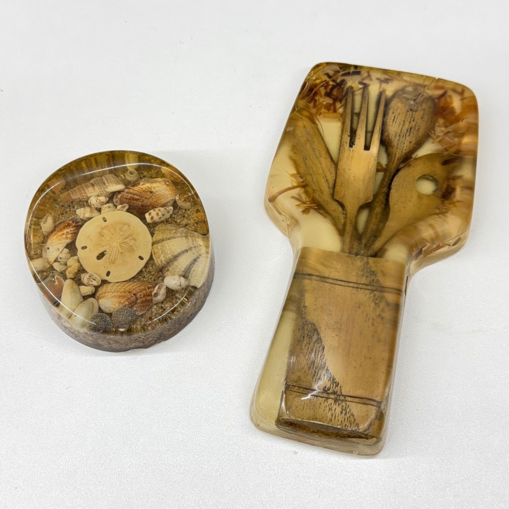 Vintage Resin Sea Shell Paperweight and Miniature Wooden Utensil Spoon Rest Set